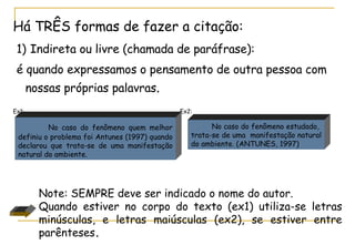 Há TRÊS formas de fazer a citação: 1)   Indireta ou livre (chamada de paráfrase): é quando expressamos o pensamento de outra pessoa com nossas próprias palavras .  Ex1:  Ex2: No caso do fenômeno quem melhor definiu o problema foi Antunes (1997) quando declarou que trata-se de uma manifestação natural do ambiente.   No caso do fenômeno estudado,  trata-se de uma  manifestação natural do ambiente. (ANTUNES, 1997) Note: SEMPRE deve ser indicado o nome do autor.  Quando estiver no corpo do texto (ex1) utiliza-se letras minúsculas, e letras maiúsculas (ex2), se estiver entre parênteses .  