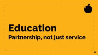 Education
Partnership, not just service
10
 
