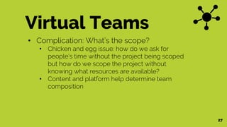 Virtual Teams
• Complication: What’s the scope?
• Chicken and egg issue: how do we ask for
people’s time without the project being scoped
but how do we scope the project without
knowing what resources are available?
• Content and platform help determine team
composition
27
 