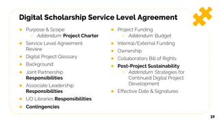 Digital Scholarship Service Level Agreement
● Purpose & Scope
○ Addendum: Project Charter
● Service Level Agreement
Review
● Digital Project Glossary
● Background
● Joint Partnership
Responsibilities
● Associate Leadership
Responsibilities
● UO Libraries Responsibilities
● Contingencies
● Project Funding
○ Addendum: Budget
● Internal/External Funding
● Ownership
● Collaborators Bill of Rights
● Post-Project Sustainability
○ Addendum: Strategies for
Continued Digital Project
Development
● Effective Date & Signatures
32
 