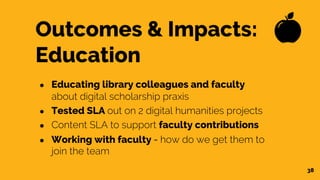 Outcomes & Impacts:
Education
● Educating library colleagues and faculty
about digital scholarship praxis
● Tested SLA out on 2 digital humanities projects
● Content SLA to support faculty contributions
● Working with faculty - how do we get them to
join the team
38
 