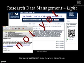 Research Data Management – Light
        We found a DataCite DOI for your publication!
          doi:10.1594/WDCC/CLM_C20_3_D3             Validate   Change




                                   http://ora.ox.ac.uk/




     You have a publication? Show me where the data are.
 