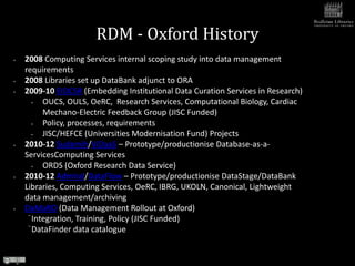 RDM - Oxford History
•   2008 Computing Services internal scoping study into data management
    requirements
•   2008 Libraries set up DataBank adjunct to ORA
•   2009-10 EIDCSR (Embedding Institutional Data Curation Services in Research)
      •    OUCS, OULS, OeRC, Research Services, Computational Biology, Cardiac
           Mechano-Electric Feedback Group (JISC Funded)
      •    Policy, processes, requirements
      •    JISC/HEFCE (Universities Modernisation Fund) Projects
•   2010-12 Sudamih/ViDaaS – Prototype/productionise Database-as-a-
    ServicesComputing Services
      •    ORDS (Oxford Research Data Service)
•   2010-12 Admiral/DataFlow – Prototype/productionise DataStage/DataBank
    Libraries, Computing Services, OeRC, IBRG, UKOLN, Canonical, Lightweight
    data management/archiving
•   DaMaRO (Data Management Rollout at Oxford)
      Integration, Training, Policy (JISC Funded)
       DataFinder data catalogue
 