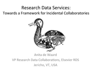 Research	
  Data	
  Services:	
  	
  
Towards	
  a	
  Framework	
  for	
  Incidental	
  Collaboratories	
  




                           Anita	
  de	
  Waard	
  
       VP	
  Research	
  Data	
  Collabora@ons,	
  Elsevier	
  RDS	
  
                          Jericho,	
  VT,	
  USA	
  
 