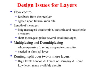 Design Issues for Layers
 Flow control
– feedback from the receiver
– agreed upon transmission rate
 Length of messages
– long messages: disassemble, transmit, and reassmeble
messages
– short messages: gather several small messages
 Multiplexing and Demultiplexing
– when expensive to set up a separate connection
– needed in physical layer
 Routing: split over two or more layers
– High level: London -> France or Germany -> Rome
– Low level: many available circuits
 