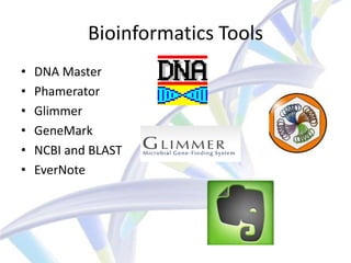 Bioinformatics Tools
•   DNA Master
•   Phamerator
•   Glimmer
•   GeneMark
•   NCBI and BLAST
•   EverNote
 