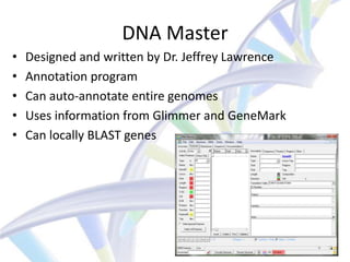 DNA Master
•   Designed and written by Dr. Jeffrey Lawrence
•   Annotation program
•   Can auto-annotate entire genomes
•   Uses information from Glimmer and GeneMark
•   Can locally BLAST genes
 