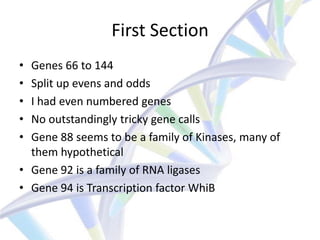 First Section
• Genes 66 to 144
• Split up evens and odds
• I had even numbered genes
• No outstandingly tricky gene calls
• Gene 88 seems to be a family of Kinases, many of
  them hypothetical
• Gene 92 is a family of RNA ligases
• Gene 94 is Transcription factor WhiB
 