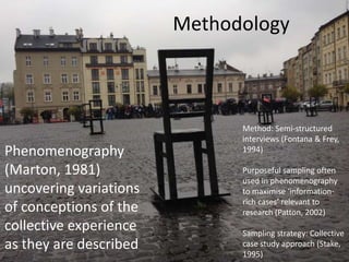 Phenomenography
(Marton, 1981)
uncovering variations
of conceptions of the
collective experience
as they are described
Met...