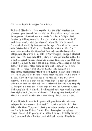 CNL-521 Topic 3: Vargas Case Study
Bob and Elizabeth arrive together for the third session. As
planned, you remind the couple that the goal of today’s session
is to gather information about their families of origin. Bob
begins by telling you about his older sister, Katie, who is 36
and lives nearby with her three children. Katie’s husband,
Steve, died suddenly last year at the age of 40 when the car he
was driving hit a block wall. Elizabeth speculates that Steve
was intoxicated at the time, but Bob vehemently denies this
allegation. He warns Elizabeth to “never again” suggest alcohol
was involved. You note Bob’s strong response and learn that his
own biological father, whom his mother divorced when Bob was
3 and Katie was 5, had been an alcoholic. When asked about his
father, Bob says, “His name is Tim, and I haven’t seen him
since the divorce.” Bob shares that he only remembers
frequently hiding under the bed with Katie to stay safe from his
violent rages. He adds that 5 years after the divorce, his mother,
Linda, married Noel who has been “the only dad I’ve ever
known.” He insists that his sister married “a devout Christian
who never touched alcohol” and attributed the 3:00 a.m. tragedy
to fatigue. He adds that a few days before the accident, Katie
had complained to him that her husband had been working many
late nights and “just wasn’t himself.” Bob speaks fondly of his
sister and confirms that they have always been “very close.”
From Elizabeth, who is 31 years old, you learn that she was
adopted by her parents, Rita and Gary, who were in their late
40s at the time. They were first generation immigrants who had
no family in the United States. Their biological daughter,
Susan, had died 10 years earlier after Rita accidentally ran over
the 5 year old while backing out of the driveway. Elizabeth
 
