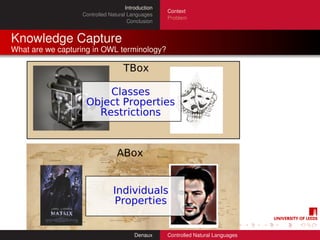Introduction
                                                   Context
                  Controlled Natural Languages
                                                   Problem
                                     Conclusion


Knowledge Capture
What are we capturing in OWL terminology?




                                        Denaux     Controlled Natural Languages
 
