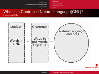 Deﬁnition
                                     Introduction
                                                    Design Issues
                   Controlled Natural Languages
                                                    Implementation
                                      Conclusion
                                                    Demo


What is a Controlled Natural Language(CNL)?
Unfortunately...




                                         Denaux     Controlled Natural Languages
 