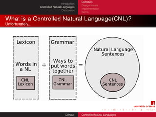 Deﬁnition
                                     Introduction
                                                    Design Issues
                   Controlled Natural Languages
                                                    Implementation
                                      Conclusion
                                                    Demo


What is a Controlled Natural Language(CNL)?
Unfortunately...




                                         Denaux     Controlled Natural Languages
 