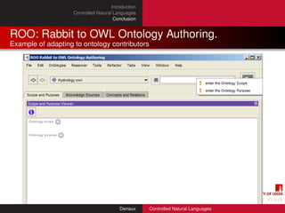 Introduction
                    Controlled Natural Languages
                                       Conclusion


ROO: Rabbit to OWL Ontology Authoring.
Example of adapting to ontology contributors




                                          Denaux     Controlled Natural Languages
 
