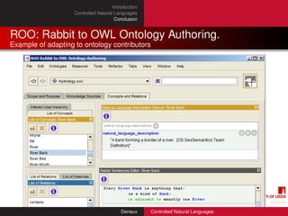 Introduction
                    Controlled Natural Languages
                                       Conclusion


ROO: Rabbit to OWL Ontology Authoring.
Example of adapting to ontology contributors




                                          Denaux     Controlled Natural Languages
 