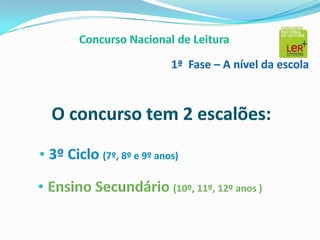 Concurso Nacional de Leitura1ª Fase – A nível da escolaO concurso tem 2 escalões:3º Ciclo (7º, 8º e 9º anos)
