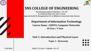 SNS COLLEGE OF ENGINEERING
Kurumbapalayam(Po), Coimbatore – 641 107
Accredited by NAAC-UGC with ‘A’ Grade
Approved by AICTE, Recognized by UGC & Affiliated to Anna University, Chennai
Department of Information Technology
Course Name : CS8591 Computer Networks
III Year / V Sem
5/20/2020 SNSCE / IT/ Sem V / S Rijutha / AP / IT
Unit 1: Introduction and Physical Layer
Topic 1 : Networks
 
