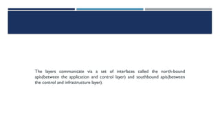 The layers communicate via a set of interfaces called the north-bound
apis(between the application and control layer) and southbound apis(between
the control and infrastructure layer).
 