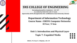 SNS COLLEGE OF ENGINEERING
Kurumbapalayam(Po), Coimbatore – 641 107
Accredited by NAAC-UGC with ‘A’ Grade
Approved by AICTE, Recognized by UGC & Affiliated to Anna University, Chennai
Department of Information Technology
Course Name : CS8591 Computer Networks
III Year / V Sem
SNSCE / IT/ Sem V / S Rijutha / AP / IT
Unit 1: Introduction and Physical Layer
Topic 7: Unguided Media
 
