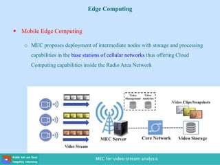 Edge Computing
 Mobile Edge Computing
o MEC proposes deployment of intermediate nodes with storage and processing
capabilities in the base stations of cellular networks thus offering Cloud
Computing capabilities inside the Radio Area Network
MEC for video stream analysis
 