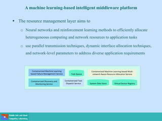  The resource management layer aims to
o Neural networks and reinforcement learning methods to efficiently allocate
heterogeneous computing and network resources to application tasks
o use parallel transmission techniques, dynamic interface allocation techniques,
and network-level parameters to address diverse application requirements
A machine learning-based intelligent middleware platform
Task Queue
Containerized Machine Learning
based Failure Management Service
Containerized Discovery and
Monitoring Service
Containerized Task
Dispatch Service System Data Store
Containerized Machine Learning-based Multi-
network Aware Resource Allocation Service
Virtual Device Registry
 