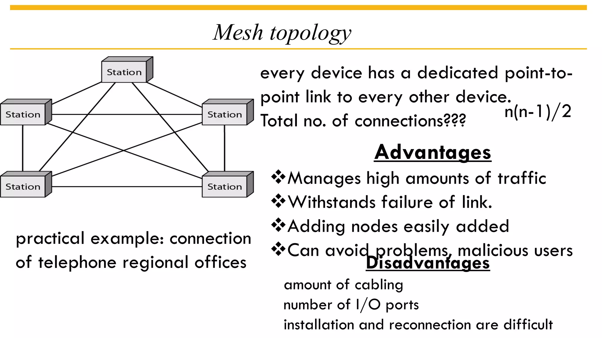 Mesh topology
every device has a dedicated point-to-
point link to every other device.
Total no. of connections??? n(n-1)/2
Advantages
Manages high amounts of traffic
Withstands failure of link.
Adding nodes easily added
Can avoid problems, malicious users
Disadvantages
amount of cabling
number of I/O ports
installation and reconnection are difficult
practical example: connection
of telephone regional offices
 