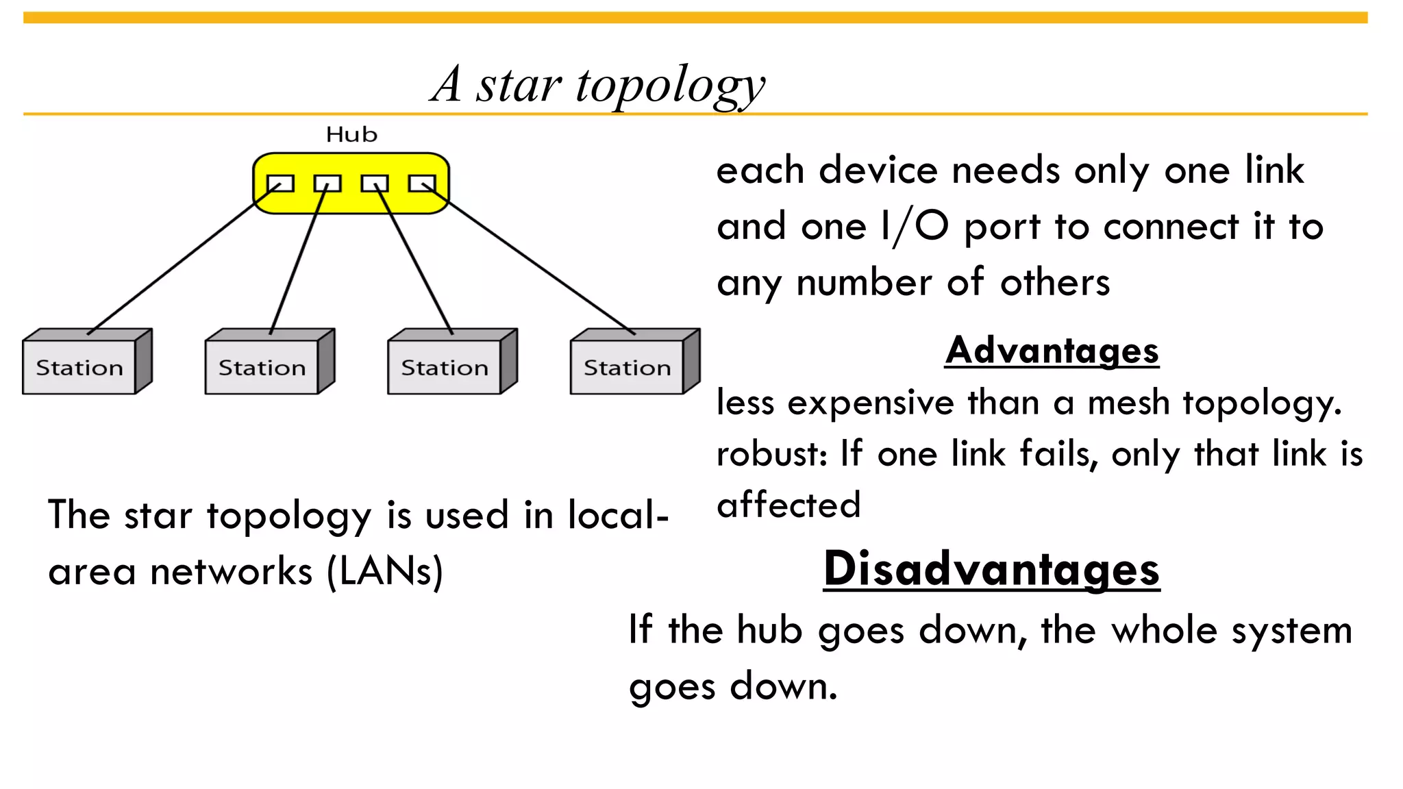 A star topology
each device needs only one link
and one I/O port to connect it to
any number of others
Advantages
less expensive than a mesh topology.
robust: If one link fails, only that link is
affected
Disadvantages
If the hub goes down, the whole system
goes down.
The star topology is used in local-
area networks (LANs)
 
