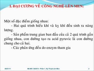 04/01/11 Mã MH: 603015 - Phần 1. Kỹ Thuật Lên Men 2
Moät soá ñaëc ñieåm gioáng nhau:
- Hai quaù trình hieáu khí vaø kî khí ñeàu sinh ra naêng
löôïng.
- Saûn phaåm trung gian ban ñaàu cuûa caû 2 quaù trình gaàn
gioáng nhau, con ñöôøng taïo ra acid pyruvic laø con ñöôøng
chung cho caû hai.
- Caùc phaûn öùng ñeàu do enzym tham gia
I. ÑAÏI CÖÔNG VEÀ COÂNG NGHEÄ LEÂN MEN:
 