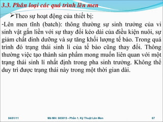 Theo sự hoạt động của thiết bị:
-Lên men tĩnh (batch): thông thường sự sinh trưởng của vi
sinh vật gắn liền với sự thay đổi kéo dài của điều kiện nuôi, sự
giảm chất dinh dưỡng và sự tăng khối lượng tế bào. Trong quá
trình đó trạng thái sinh lí của tế bào cũng thay đổi. Thông
thường việc tạo thành sản phẩm mong muốn liên quan với một
trạng thái sinh lí nhất định trong pha sinh trưởng. Không thể
duy trì được trạng thái này trong một thời gian dài.
04/01/11 67Mã MH: 603015 - Phần 1. Kỹ Thuật Lên Men
3.3. Phaân loaïi caùc quaù trình leân men
 