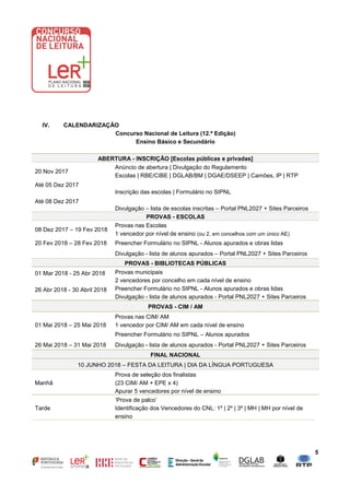 5
IV. CALENDARIZAÇÃO
Concurso Nacional de Leitura (12.ª Edição)
Ensino Básico e Secundário
ABERTURA - INSCRIÇÃO [Escolas públicas e privadas]
20 Nov 2017
Anúncio de abertura | Divulgação do Regulamento
Escolas | RBE/CIBE | DGLAB/BM | DGAE/DSEEP | Camões, IP | RTP
Até 05 Dez 2017
Inscrição das escolas | Formulário no SIPNL
Divulgação – lista de escolas inscritas – Portal PNL2027 + Sites Parceiros
Até 08 Dez 2017
PROVAS - ESCOLAS
08 Dez 2017 – 19 Fev 2018
Provas nas Escolas
1 vencedor por nível de ensino (ou 2, em concelhos com um único AE)
20 Fev 2018 – 28 Fev 2018 Preencher Formulário no SIPNL - Alunos apurados e obras lidas
Divulgação - lista de alunos apurados – Portal PNL2027 + Sites Parceiros
PROVAS - BIBLIOTECAS PÚBLICAS
01 Mar 2018 - 25 Abr 2018 Provas municipais
2 vencedores por concelho em cada nível de ensino
Preencher Formulário no SIPNL - Alunos apurados e obras lidas
Divulgação - lista de alunos apurados - Portal PNL2027 + Sites Parceiros
26 Abr 2018 - 30 Abril 2018
PROVAS - CIM / AM
01 Mai 2018 – 25 Mai 2018
Provas nas CIM/ AM
1 vencedor por CIM/ AM em cada nível de ensino
Preencher Formulário no SIPNL – Alunos apurados
26 Mai 2018 – 31 Mai 2018 Divulgação - lista de alunos apurados - Portal PNL2027 + Sites Parceiros
FINAL NACIONAL
10 JUNHO 2018 – FESTA DA LEITURA | DIA DA LÍNGUA PORTUGUESA
Manhã
Prova de seleção dos finalistas
(23 CIM/ AM + EPE x 4)
Apurar 5 vencedores por nível de ensino
Tarde
‘Prova de palco’
Identificação dos Vencedores do CNL: 1º | 2º | 3º | MH | MH por nível de
ensino
 