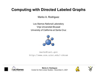 Computing with Directed Labeled Graphs Marko A. Rodriguez Los Alamos National Laboratory Vrije Universiteit Brussel University of California at Santa Cruz [email_address] http://www.soe.ucsc.edu/~okram 