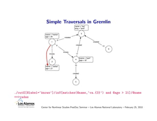 Simple Traversals in Gremlin
                                                 name = "lop"
                                                 lang = "java"

                                                          3
                  name = "marko"
                  age = 29           created
                               9
                         1                                               created

                               8                  created
                                                                                   12
                         7
                                                                                        6
                                    knows
                       knows                      11

                                                         name = "josh"
                                                 4       age = 32
                         2

                                                 10
                   name = "vadas"
                   age = 27

                                               created



                                                 5




./outE[@label=‘knows’]/inV[matches(@name,‘va.{3}’) and @age > 21]/@name
==>vadas

               Center for Nonlinear Studies PostDoc Seminar – Los Alamos National Laboratory – February 25, 2010
 
