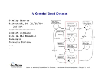 A Grateful Dead Dataset

Stanley Theater                                   type="artist"
                                                                                                                type="artist"
                                                  name="Hunter"
                                                                                                                name="Garcia"
Pittsburgh, PA (11/30/79)                                                        type="song"
                                                                                 name="Scarlet.."
                                                          7
   2nd Set                                                                                                                  5
                                                                    written_by          1           sung_by
-------------------
                                                              weight=239
Scarlet Begonias
                                                                followed_by      type="song"
Fire on the Mountain                                                             name="Fire on.."             sung_by           sung_by
                                                       written_by
Passenger                                                                               2

Terrapin Station                                                weight=1
                                                                                                               type="artist"
                                                                                                               name="Lesh"
...                                                             followed_by
                                                                                 type="song"
                                                                                 name="Pass.."                          6
..
                                                   written_by                           3            sung_by
.
                                                                 followed_by
                                                                                 type="song"
                                                                weight=2         name="Terrap.."


                                                                                        4




            Center for Nonlinear Studies PostDoc Seminar – Los Alamos National Laboratory – February 25, 2010
 