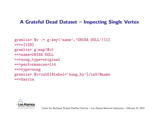 A Grateful Dead Dataset – Inspecting Single Vertex


gremlin> $v := g:key(‘name’,‘CHINA DOLL’)[1]
==>v[129]
gremlin> g:map...