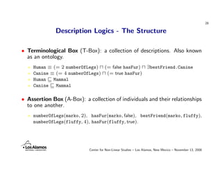 28

              Description Logics - The Structure

• Terminological Box (T-Box): a collection of descriptions. Also kno...
