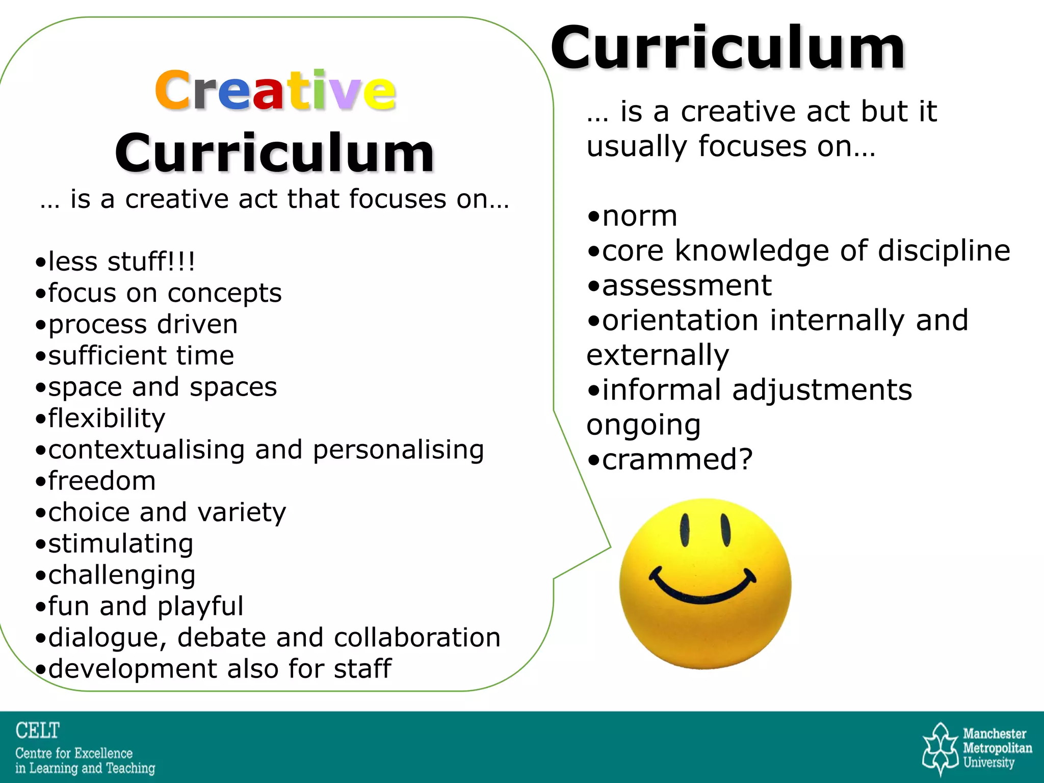 Curriculum
… is a creative act but it
usually focuses on…
•norm
•core knowledge of discipline
•assessment
•orientation internally and
externally
•informal adjustments
ongoing
•crammed?
Creative
Curriculum
… is a creative act that focuses on…
•less stuff!!!
•focus on concepts
•process driven
•sufficient time
•space and spaces
•flexibility
•contextualising and personalising
•freedom
•choice and variety
•stimulating
•challenging
•fun and playful
•dialogue, debate and collaboration
•development also for staff
 