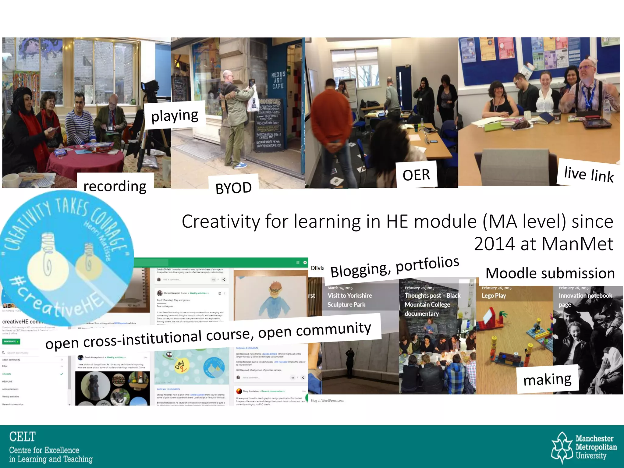 recording
Moodle submission
Creativity for learning in HE module (MA level) since
2014 at ManMet
 