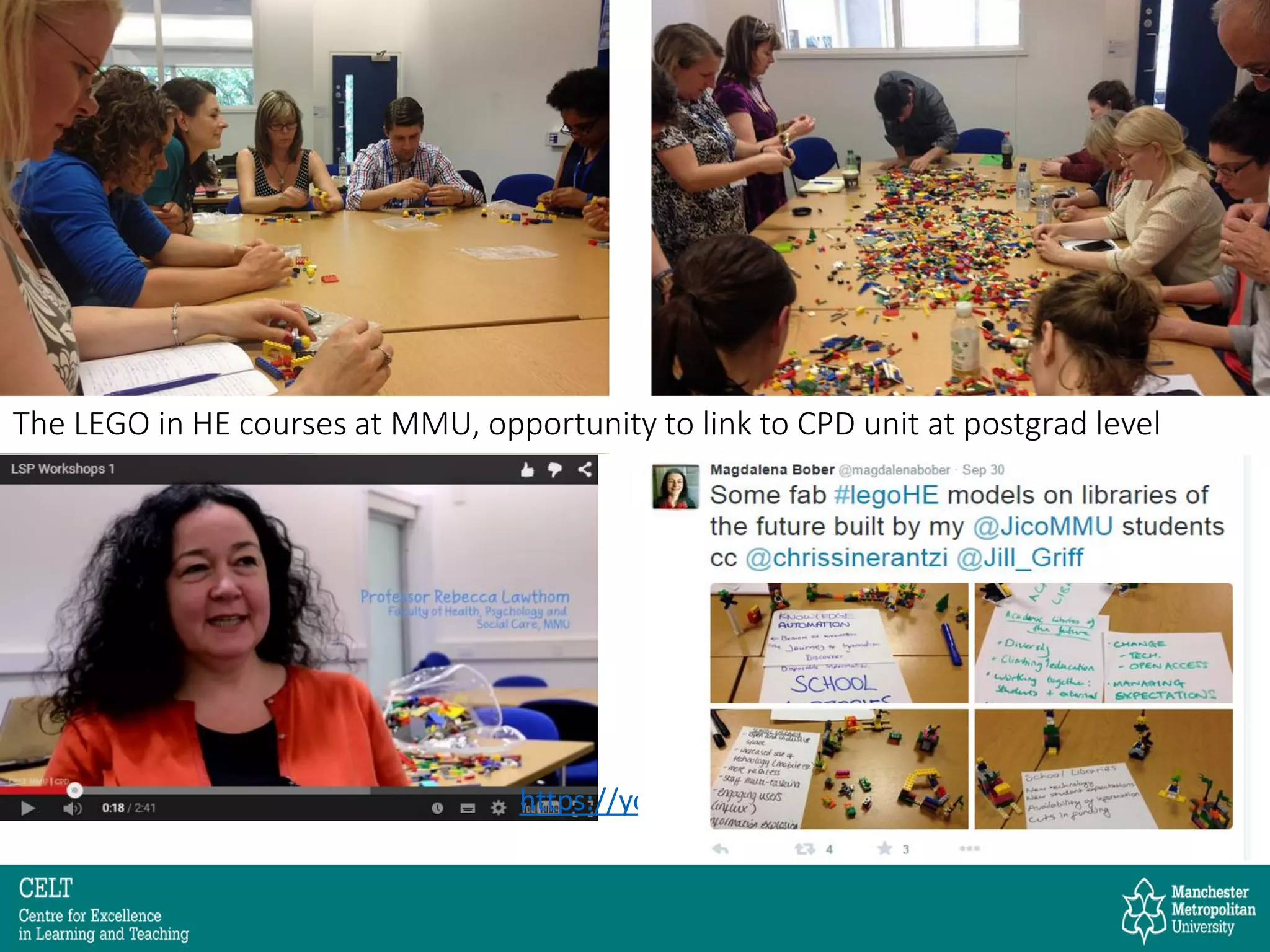 https://youtu.be/NoWwdidOiSY
The LEGO in HE courses at MMU, opportunity to link to CPD unit at postgrad level
 