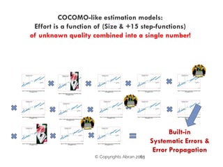 63
COCOMO-like estimation models:
Effort is a function of (Size & +15 step-functions)
of unknown quality combined into a single number!
Built-in
Systematic Errors &
Error Propagation
© Copyrights Abran 2015
 