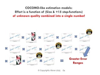 64
COCOMO-like estimation models:
Effort is a function of (Size & +15 step-functions)
of unknown quality combined into a single number!
Greater Error
Ranges
© Copyrights Abran 2015
 