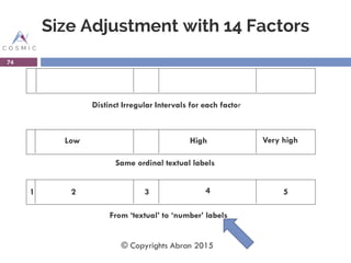 Size Adjustment with 14 Factors
74
Low High Very high
Distinct Irregular Intervals for each factor
1 2 3 4 5
Same ordinal textual labels
From ‘textual’ to ‘number’ labels
© Copyrights Abran 2015
 