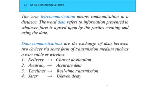 1-1 DATA COMMUNICATIONS
The term telecommunication means communication at a
distance. The word data refers to information presented in
whatever form is agreed upon by the parties creating and
using the data.
Data communications are the exchange of data between
two devices via some form of transmission medium such as
a wire cable or wireless.
1. Delivery → Correct destination
2. Accuracy → Accurate data
3. Timelines → Real-time transmission
4. Jitter → Uneven delay
1.3
 