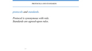 PROTOCOLS AND STANDARDS
protocols and standards.
Protocol is synonymous with rule.
Standards are agreed-upon rules.
1.65
 