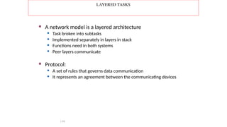 LAYERED TASKS
 A network model is a layered architecture
 Task broken into subtasks
 Implemented separately in layers in stack
 Functions need in both systems
 Peer layers communicate
 Protocol:
 A set of rules that governs data communication
 It represents an agreement between the communicating devices
1.68
 