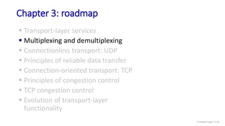 Chapter 3: roadmap
 Transport-layer services
 Multiplexing and demultiplexing
 Connectionless transport: UDP
 Principles of reliable data transfer
 Connection-oriented transport: TCP
 Principles of congestion control
 TCP congestion control
 Evolution of transport-layer
functionality
Transport Layer: 3-10
 