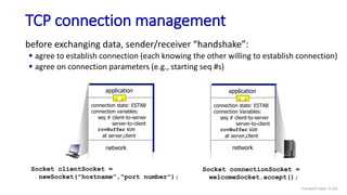 TCP connection management
before exchanging data, sender/receiver “handshake”:
 agree to establish connection (each knowing the other willing to establish connection)
 agree on connection parameters (e.g., starting seq #s)
connection state: ESTAB
connection variables:
seq # client-to-server
server-to-client
rcvBuffer size
at server,client
application
network
connection state: ESTAB
connection Variables:
seq # client-to-server
server-to-client
rcvBuffer size
at server,client
application
network
Socket clientSocket =
newSocket("hostname","port number");
Socket connectionSocket =
welcomeSocket.accept();
Transport Layer: 3-101
 
