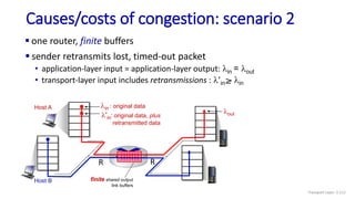 Causes/costs of congestion: scenario 2
 one router, finite buffers
Host A
Host B
lin : original data
l'in: original data, plus
retransmitted data
finite shared output
link buffers
 sender retransmits lost, timed-out packet
• application-layer input = application-layer output: lin = lout
• transport-layer input includes retransmissions : l’in lin
lout
R
R
Transport Layer: 3-112
 