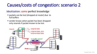 Host A
Host B
lin : original data
l'in: original data, plus
retransmitted data
finite shared output
link buffers
R
R
Causes/costs of congestion: scenario 2
copy
no buffer space!
Idealization: some perfect knowledge
 packets can be lost (dropped at router) due to
full buffers
 sender knows when packet has been dropped:
only resends if packet known to be lost
Transport Layer: 3-114
 