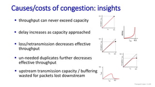 Causes/costs of congestion: insights
 upstream transmission capacity / buffering
wasted for packets lost downstream
R/2
R/2
l
out
lin
’
 delay increases as capacity approached
R/2
delay
lin
 un-needed duplicates further decreases
effective throughput
lin
R/2
l
out
throughput:
R/2
 loss/retransmission decreases effective
throughput
lin
R/2
l
out
throughput:
R/2
 throughput can never exceed capacity
R/2
lin
R/2
l
out
throughput:
Transport Layer: 3-120
 