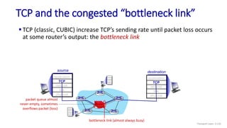 TCP and the congested “bottleneck link”
 TCP (classic, CUBIC) increase TCP’s sending rate until packet loss occurs
at some router’s output: the bottleneck link
source
application
TCP
network
link
physical
destination
application
TCP
network
link
physical
bottleneck link (almost always busy)
packet queue almost
never empty, sometimes
overflows packet (loss)
Transport Layer: 3-132
 